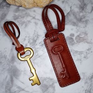 Bundle of Two Real Leather and Brass Fossil Brand Key Tags